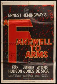6t216 FAREWELL TO ARMS 1sh '58 silhouette art of Rock Hudson & Jennifer Jones, Ernest Hemingway!