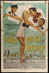 6t278 GIRL MOST LIKELY 1sh '57 sexy full-length art of Jane Powell in skimpy polka dot outfit!