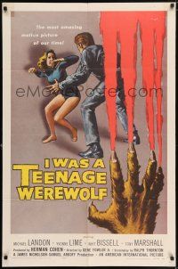6t366 I WAS A TEENAGE WEREWOLF 1sh '57 AIP classic, Kallis art of monster attacking sexy babe!