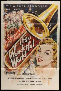 6t388 IT'S A WONDERFUL WORLD 1sh '59 really cool art of Demongeot & jazz trombone by Yukovich!
