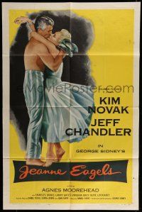 6t398 JEANNE EAGELS 1sh '57 best romantic artwork of Kim Novak & Jeff Chandler kissing!