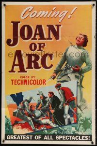 6t404 JOAN OF ARC style B teaser 1sh '48 different art of Ingrid Bergman in armor & wounded!