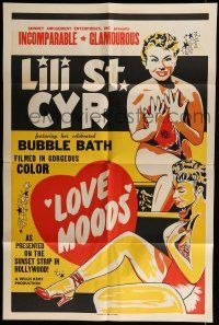 6t462 LOVE MOODS 1sh '52 silkscreen art of incomparable Lili St. Cyr in bubble bath!