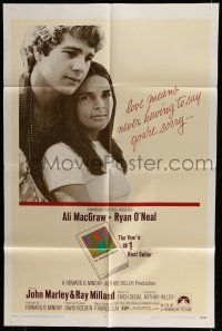 6t463 LOVE STORY 1sh '70 great romantic close up of Ali MacGraw & Ryan O'Neal!