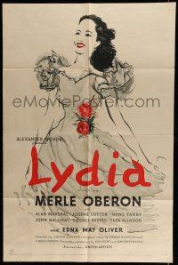 6t473 LYDIA 1sh '41 great full-length artwork of Merle Oberon, who wants all there is to love!