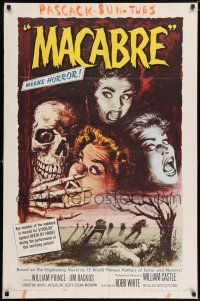 6t474 MACABRE 1sh '58 William Castle, cool Besser art of skeleton & screaming babes in graveyard!