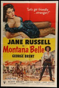 6t529 MONTANA BELLE 1sh '52 George Brent, sexy Jane Russell wants to get friendly!