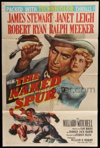 6t559 NAKED SPUR 1sh '53 cool art of strong man James Stewart & sexy Janet Leigh!