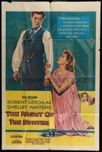6t579 NIGHT OF THE HUNTER 1sh '55 Robert Mitchum, Shelley Winters, Charles Laughton classic!