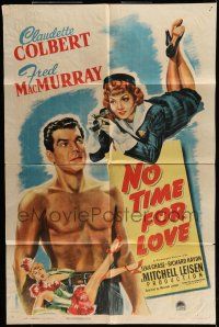 6t584 NO TIME FOR LOVE 1sh '43 Claudette Colbert takes pictures of barechested Fred MacMurray!