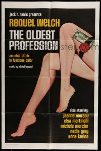 6t594 OLDEST PROFESSION 1sh '68 Raquel Welch, sexy legs with garter belt & money!