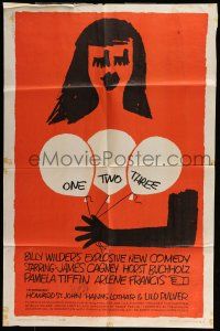 6t604 ONE, TWO, THREE 1sh '62 Billy Wilder, James Cagney, Saul Bass art of girl w/ balloons!