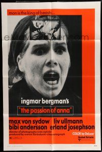 6t620 PASSION 1sh '70 Ingmar Bergman's En Passion, close-up of terrified Liv Ullmann!