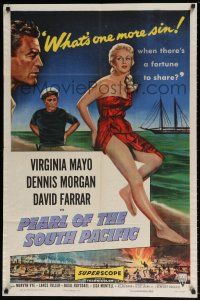 6t621 PEARL OF THE SOUTH PACIFIC 1sh '55 art of sexy Virginia Mayo in sarong & Dennis Morgan!