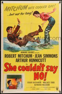 6t687 SHE COULDN'T SAY NO 1sh '54 sexy short-haired Jean Simmons examines Dr. Robert Mitchum!