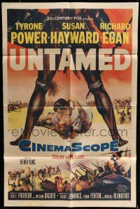 6t883 UNTAMED 1sh '55 cool art of Tyrone Power & Susan Hayward in Africa with native tribe!