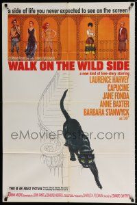 6t916 WALK ON THE WILD SIDE 1sh '62 cool artwork of black cat on stairs & sexy stars on balcony!