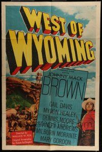 6t928 WEST OF WYOMING 1sh '50 Johnny Mack Brown standing with gun drawn & on horse on hilltop!