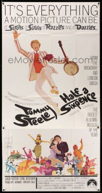 6w526 HALF A SIXPENCE 3sh '68 McGinnis art of Tommy Steele with banjo, from H.G. Wells novel!