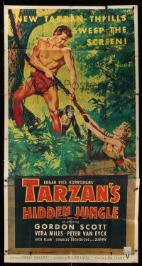 6w661 TARZAN'S HIDDEN JUNGLE 3sh '55 art of Gordon Scott & Zippy the chimp rescuing Vera Miles!