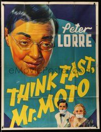 6w664 THINK FAST MR. MOTO INCOMPLETE 3sh '37 stone litho of Asian detective Peter Lorre!