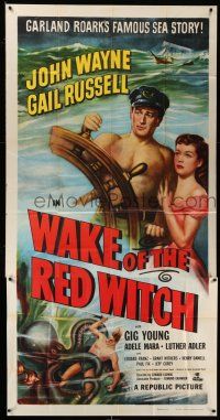 6w691 WAKE OF THE RED WITCH 3sh R52 art of barechested John Wayne & Gail Russell at ship's wheel!