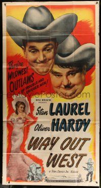 6w696 WAY OUT WEST 3sh R47 Stan Laurel & Oliver Hardy are wildwest outlaws of trouble!