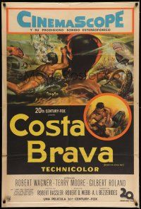6w254 BENEATH THE 12-MILE REEF Argentinean '53 cool art of scuba divers fighting octopus & shark!