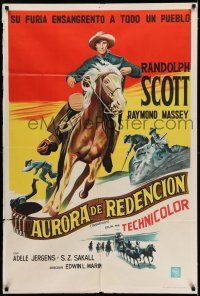 6w381 SUGARFOOT Argentinean '51 cool full-length artwork of of cowboy Randolph Scott on horseback!