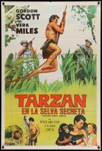 6w384 TARZAN'S HIDDEN JUNGLE Argentinean '55 artwork of Gordon Scott as Tarzan swinging on vine!