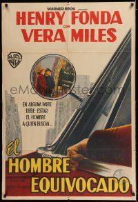 6w407 WRONG MAN Argentinean '57 Henry Fonda, Vera Miles, Alfred Hitchcock, rear view mirror art!