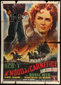 6w810 HANGMAN'S KNOT Italian 1p '53 Capitani art of Donna Reed & noose over stagecoach & flames!
