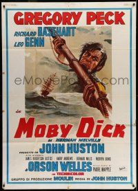 6w885 MOBY DICK Italian 1p R70s different art of Gregory Peck as Captain Ahab at sea, John Huston!