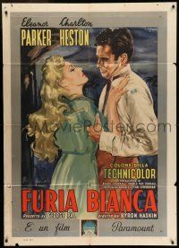 6w891 NAKED JUNGLE Italian 1p '54 different S. Cigerza art of Charlton Heston & Eleanor Parker!