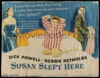 6y374 SUSAN SLEPT HERE style B 1/2sh '54 great artwork of sexy Debbie Reynolds sprawled out on bed!