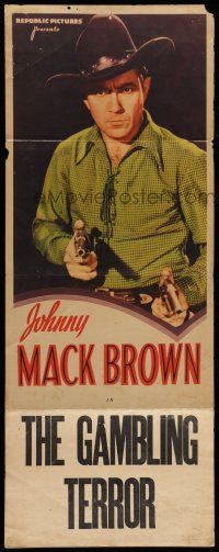 6y606 JOHNNY MACK BROWN insert '40s close-up portrait with guns, The Gambling Terror!