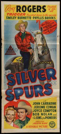 6z041 SILVER SPURS Aust daybill '43 art of Roy Rogers close up & riding Trigger!