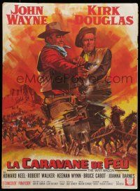 6z226 WAR WAGON French 23x31 '67 cowboys John Wayne & Kirk Douglas, stagecoach art by Mascii!