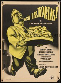 6z028 ACA LAS TORTAS Mexican poster '51 Sara Garcia, cool art of man holding bakery goods!