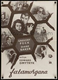 6z589 MIRAGE Yugoslavian 20x28 '65 cool artwork of Gregory Peck & Diane Baker!