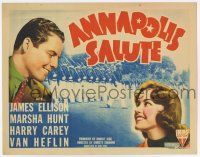 7a052 ANNAPOLIS SALUTE TC '37 James Ellison smiling at Marsha Hunt + Navy cadets marching!