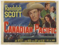 7a181 CANADIAN PACIFIC TC '49 cowboy Randolph Scott, Jane Wyatt, Nancy Olson, cool train art!
