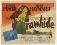 7a661 RAWHIDE TC '51 close up of cowboy Tyrone Power manhandling pretty Susan Hayward!