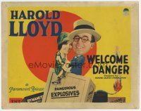7a813 WELCOME DANGER TC '29 great c/u of Harold Lloyd & Barbara Kent sitting on box of explosives!