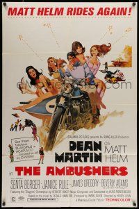 7b020 AMBUSHERS 1sh '67 art of Dean Martin as Matt Helm with sexy Slaygirls on motorcycle!