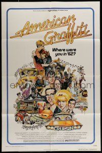 7b021 AMERICAN GRAFFITI 1sh '73 George Lucas teen classic, wacky Mort Drucker artwork of cast!