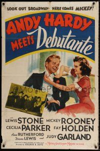 7b026 ANDY HARDY MEETS DEBUTANTE style C 1sh '40 close up of young Mickey Rooney & Judy Garland!