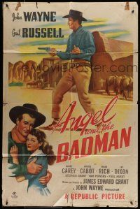 7b030 ANGEL & THE BADMAN 1sh '47 great art of cowboy John Wayne & pretty Gail Russell, ultra rare!