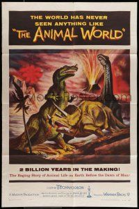 7b032 ANIMAL WORLD 1sh '56 great artwork of prehistoric dinosaurs & erupting volcano!