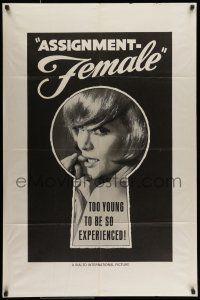 7b053 ASSIGNMENT FEMALE 1sh '66 too young to be so experienced, cool keyhole design!